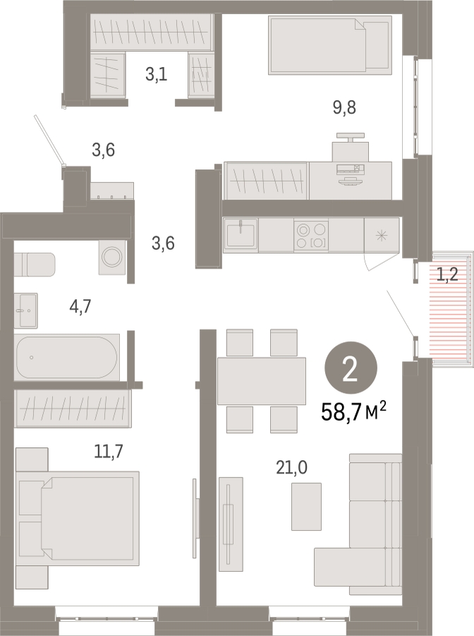 1-комнатная квартира в ЖК Кислород на 8 этаже в 1 секции. Сдача в 4 кв. 2025 г.