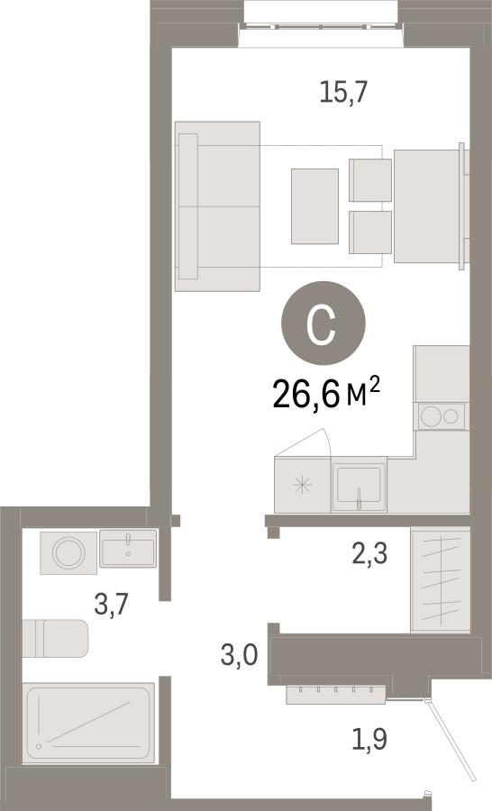 1-комнатная квартира (Студия) в ЖК Кислород на 12 этаже в 1 секции. Сдача в 4 кв. 2025 г.