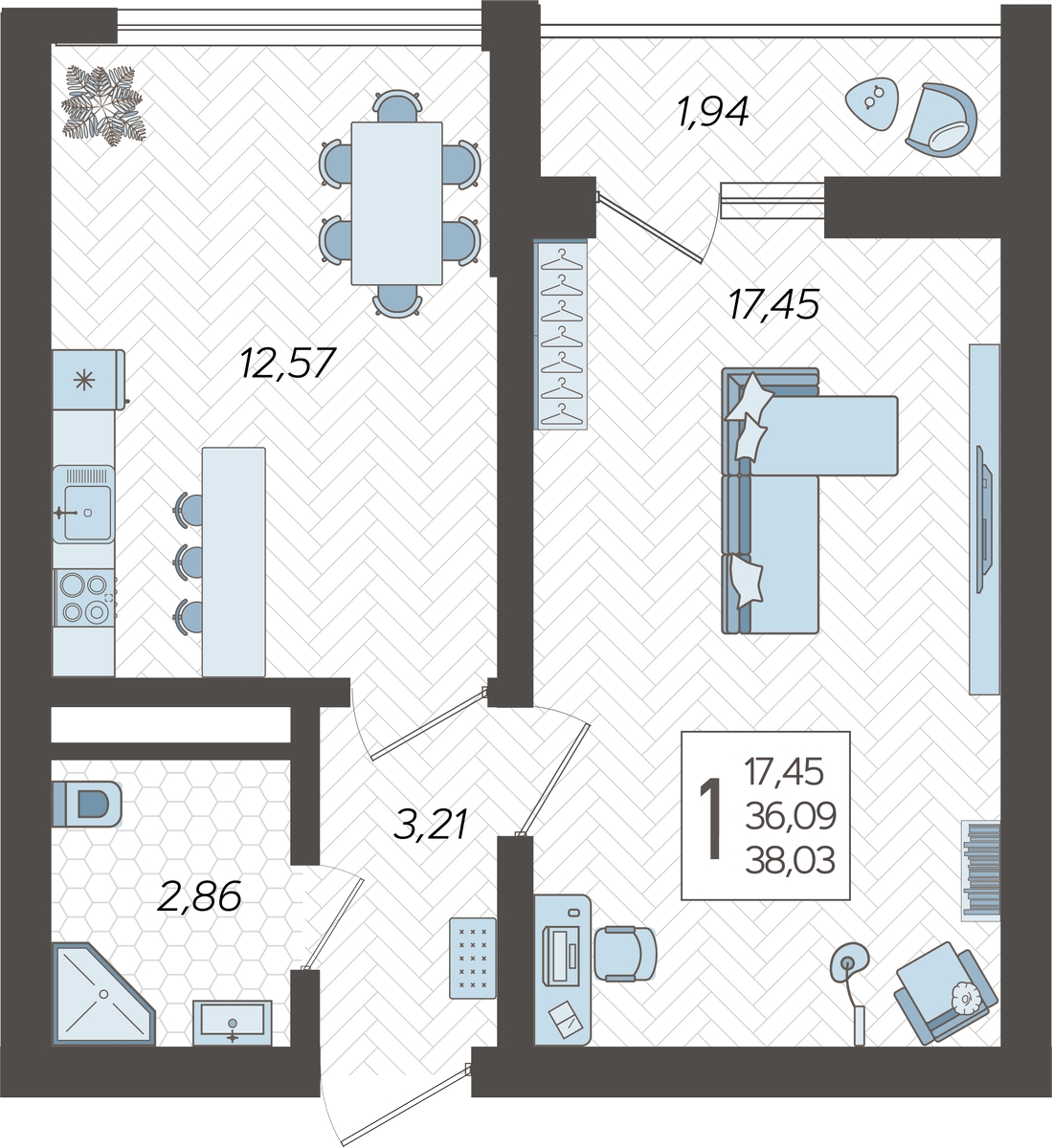 1-комнатная квартира (Студия) в ЖК Кислород на 9 этаже в 1 секции. Сдача в 4 кв. 2025 г.