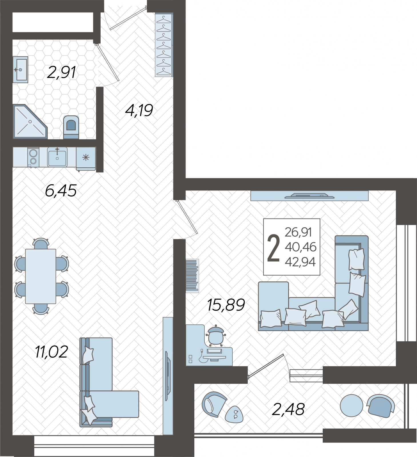 1-комнатная квартира (Студия) в ЖК Кислород на 2 этаже в 1 секции. Сдача в 2 кв. 2025 г.