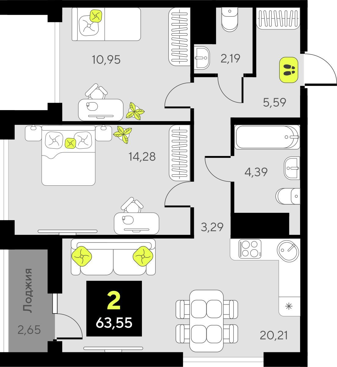 1-комнатная квартира в ЖК Кислород на 2 этаже в 1 секции. Сдача в 2 кв. 2025 г.