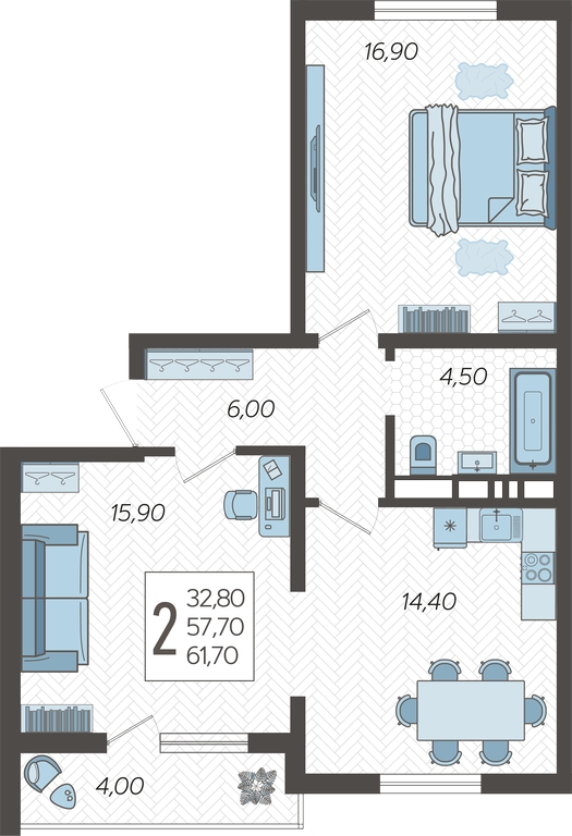 2-комнатная квартира в ЖК Родные кварталы на 3 этаже в 1 секции. Сдача в 3 кв. 2026 г.