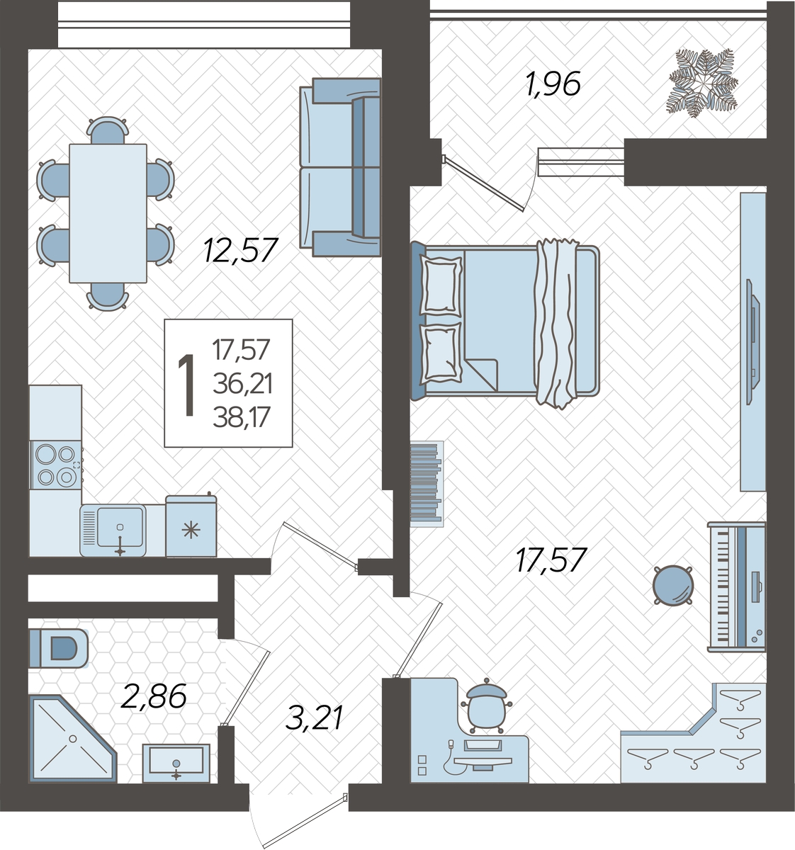 1-комнатная квартира (Студия) с отделкой в ЖК Родные кварталы на 2 этаже в 6 секции. Сдача в 4 кв. 2026 г.