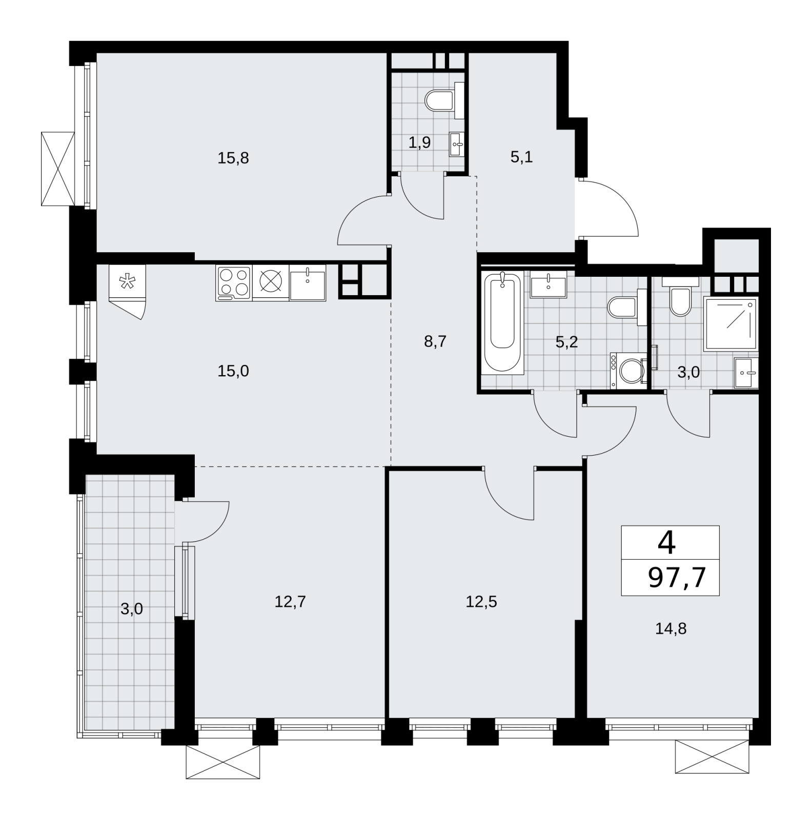 3-комнатная квартира в ЖК Скандинавия на 5 этаже в 1 секции. Сдача в 2 кв. 2026 г.