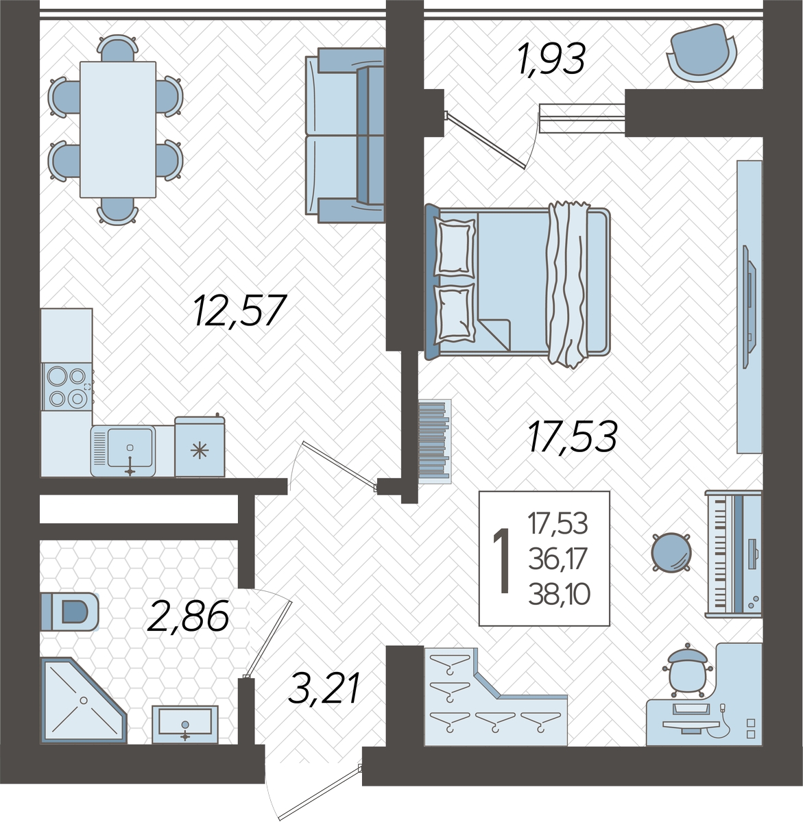 1-комнатная квартира (Студия) в ЖК Кислород на 13 этаже в 1 секции. Сдача в 4 кв. 2024 г.