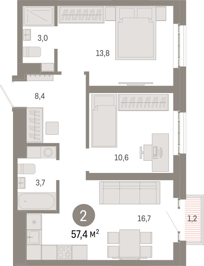 2-комнатная квартира в ЖК Кислород на 13 этаже в 1 секции. Сдача в 4 кв. 2024 г.