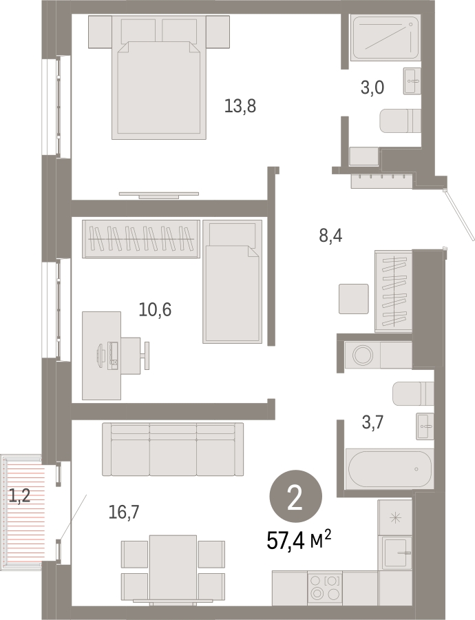 2-комнатная квартира в ЖК Дом Дау на 50 этаже в 1 секции. Сдача в 2 кв. 2027 г.