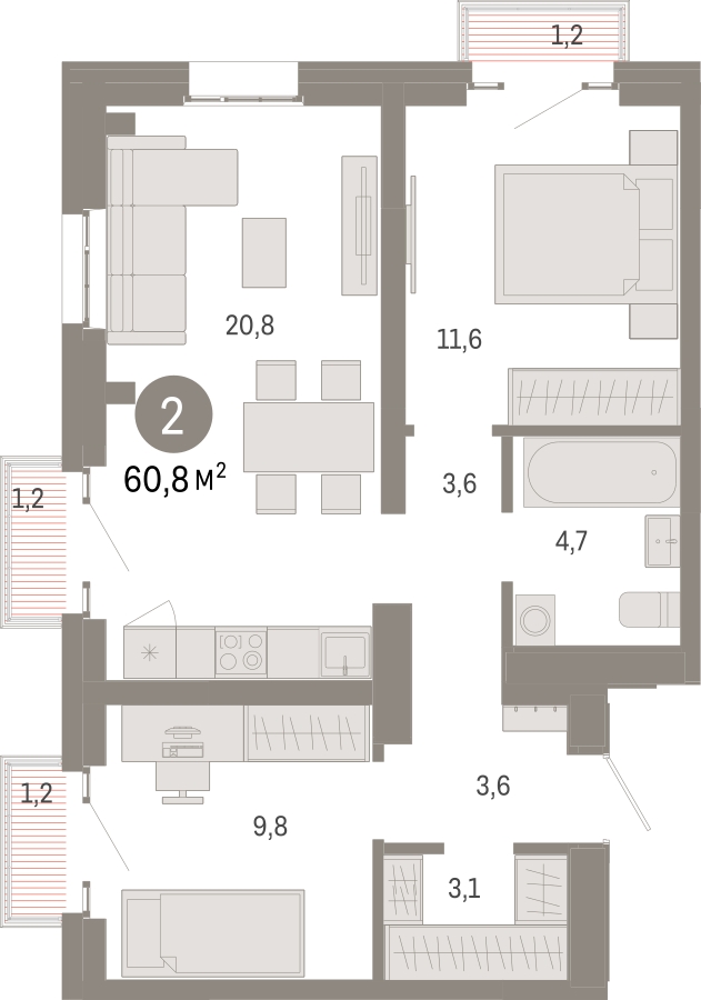 2-комнатная квартира в ЖК Дом на Прилукской на 3 этаже в 3 секции. Сдача в 1 кв. 2024 г.