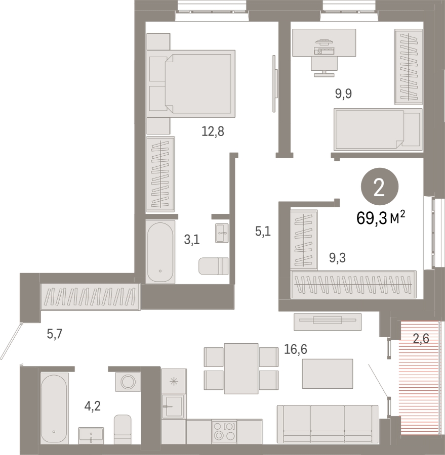 2-комнатная квартира в ЖК Дом на Прилукской на 7 этаже в 3 секции. Сдача в 1 кв. 2024 г.