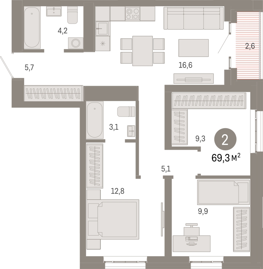 2-комнатная квартира в ЖК Дом на Прилукской на 9 этаже в 3 секции. Сдача в 1 кв. 2024 г.