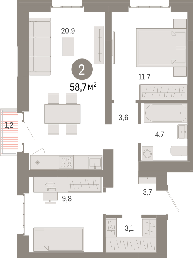 2-комнатная квартира в ЖК Родные кварталы на 3 этаже в 4 секции. Сдача в 3 кв. 2026 г.