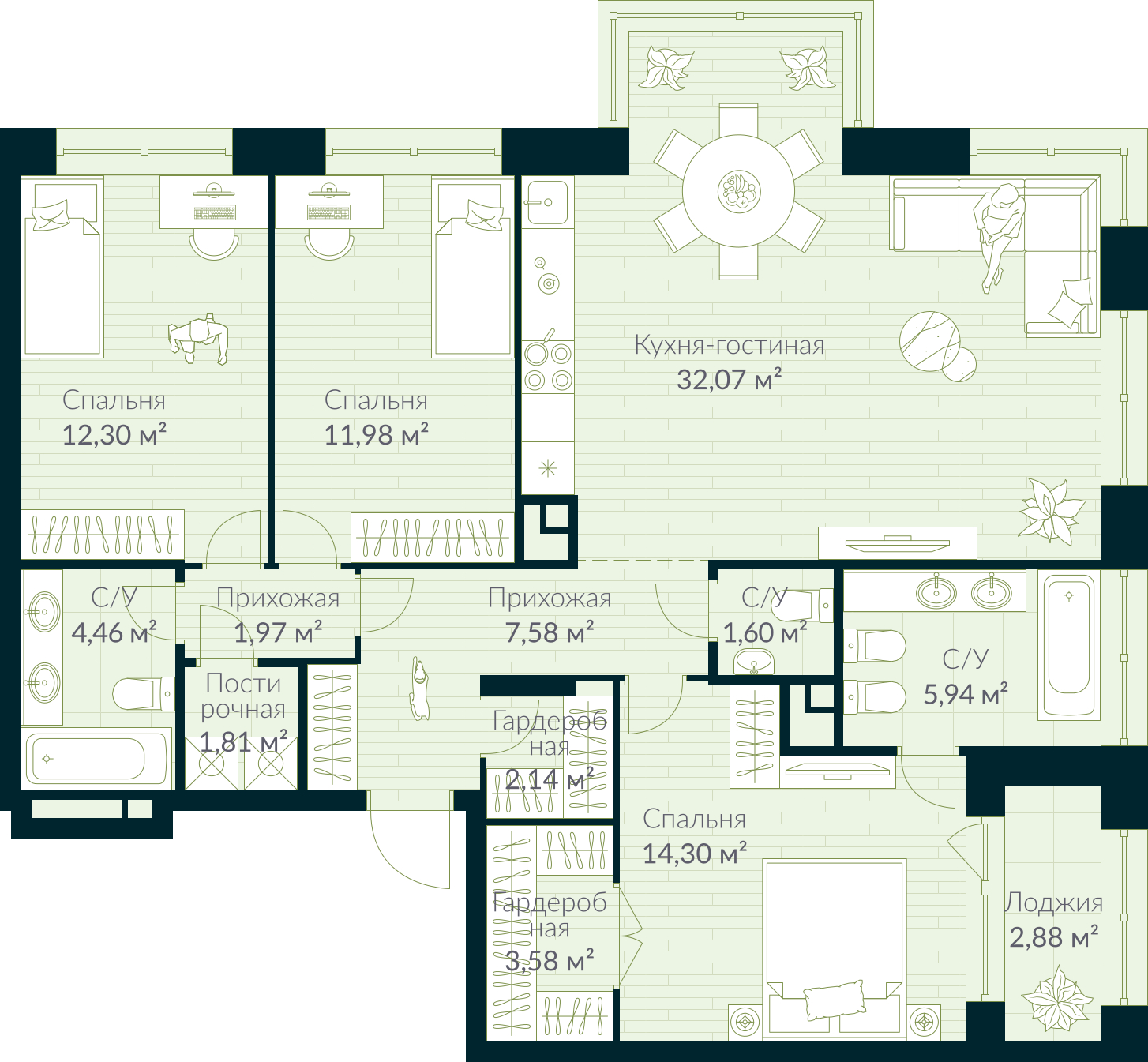 3-комнатная квартира в ЖК Родные кварталы на 6 этаже в 4 секции. Сдача в 3 кв. 2026 г.