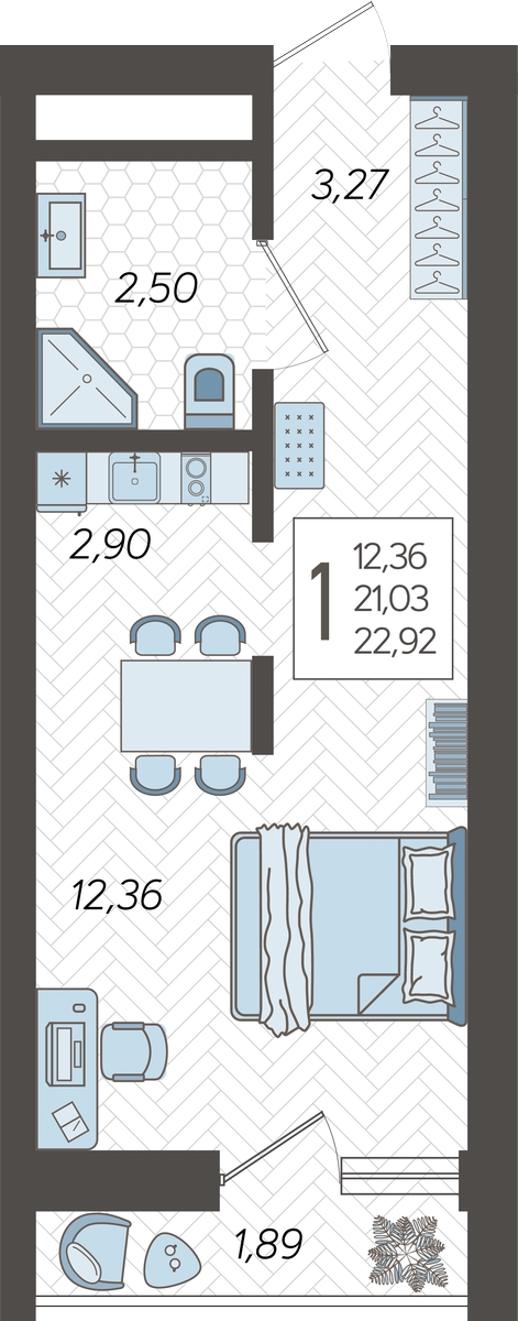 1-комнатная квартира (Студия) в ЖК Кислород на 15 этаже в 1 секции. Сдача в 4 кв. 2024 г.