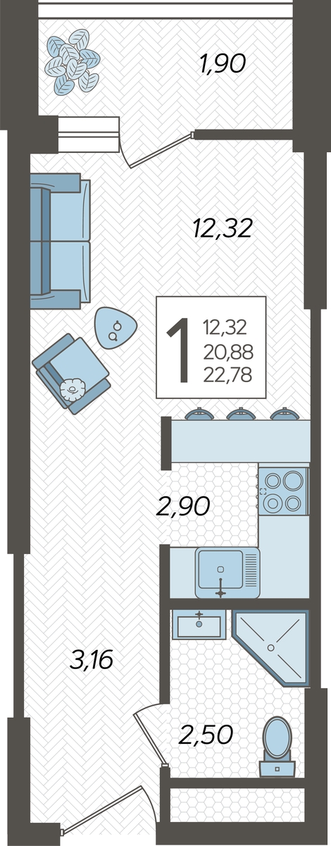 1-комнатная квартира (Студия) с отделкой в ЖК Квартал Метроном на 6 этаже в 2 секции. Сдача в 3 кв. 2026 г.