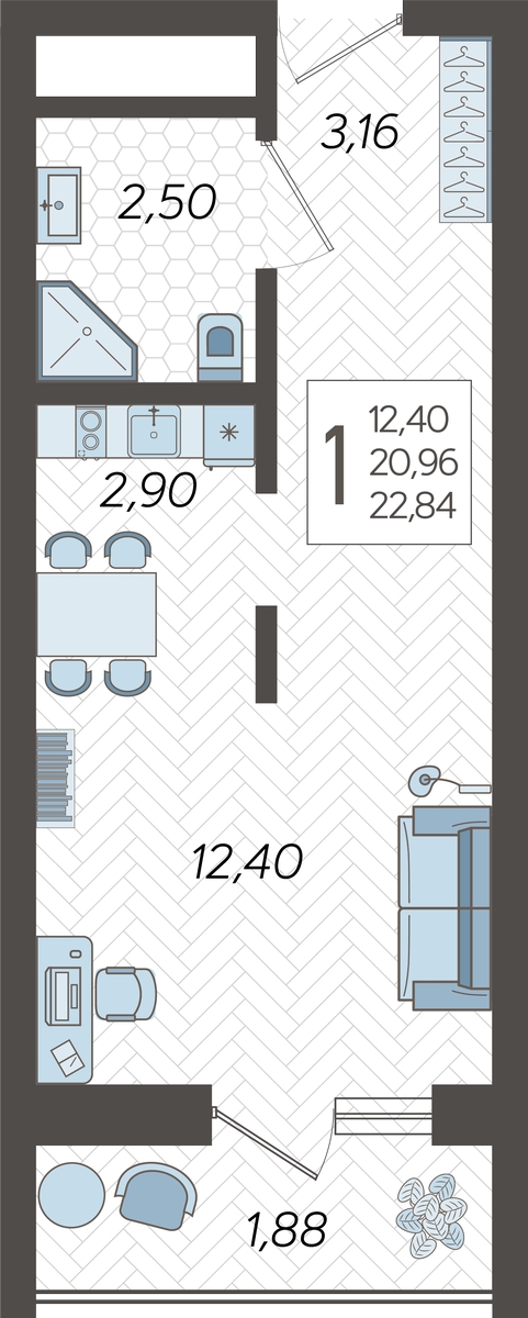 2-комнатная квартира с отделкой в ЖК Кислород на 7 этаже в 1 секции. Сдача в 2 кв. 2025 г.