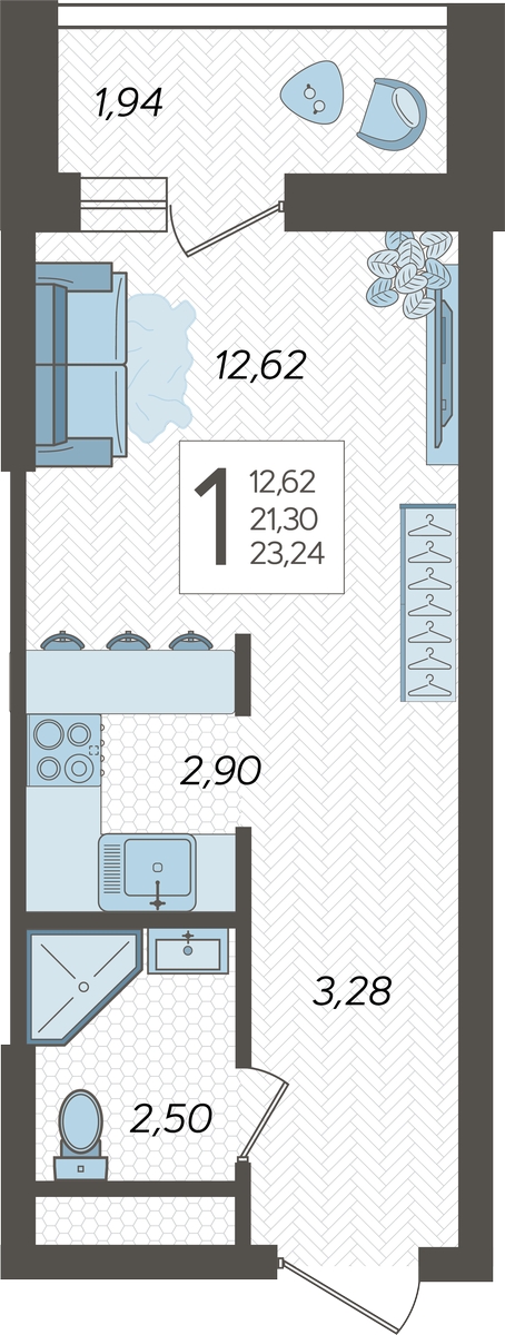 1-комнатная квартира (Студия) с отделкой в ЖК Квартал Метроном на 3 этаже в 1 секции. Сдача в 3 кв. 2026 г.