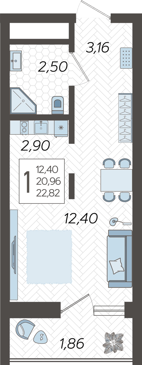 1-комнатная квартира (Студия) в ЖК Кислород на 18 этаже в 1 секции. Сдача в 4 кв. 2024 г.