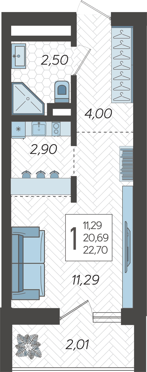 1-комнатная квартира (Студия) с отделкой в ЖК Квартал Метроном на 13 этаже в 9 секции. Сдача в 3 кв. 2026 г.