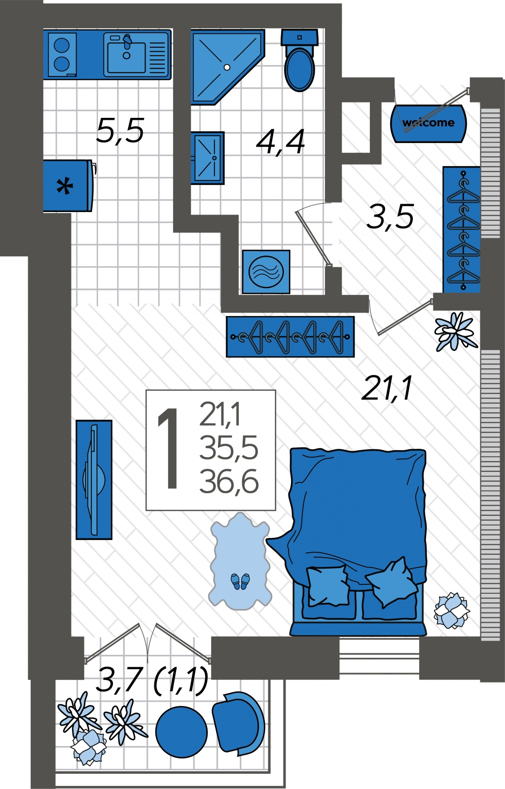 1-комнатная квартира (Студия) с отделкой в ЖК Родные кварталы на 9 этаже в 2 секции. Сдача в 4 кв. 2026 г.