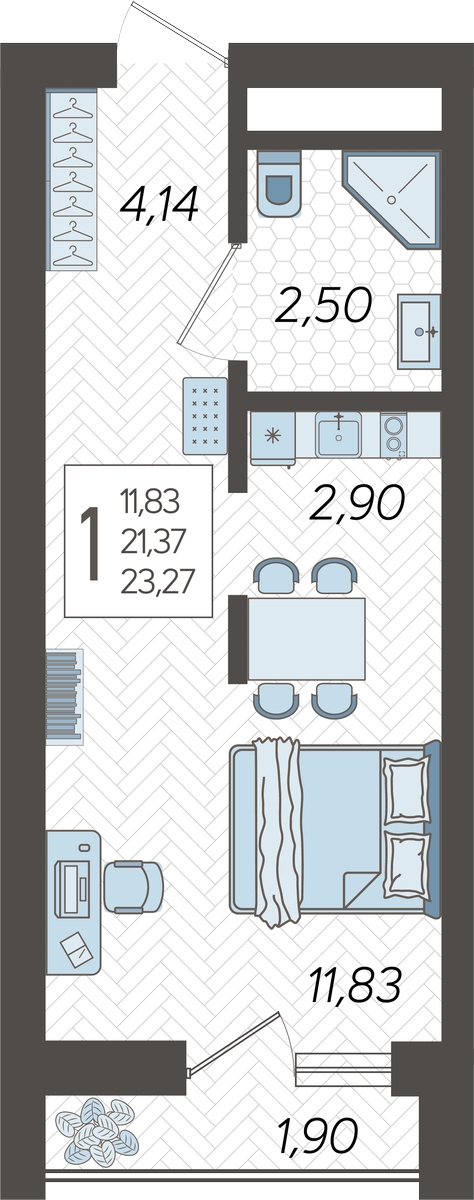 1-комнатная квартира (Студия) в ЖК Горный квартал на 7 этаже в 1 секции. Сдача в 3 кв. 2026 г.