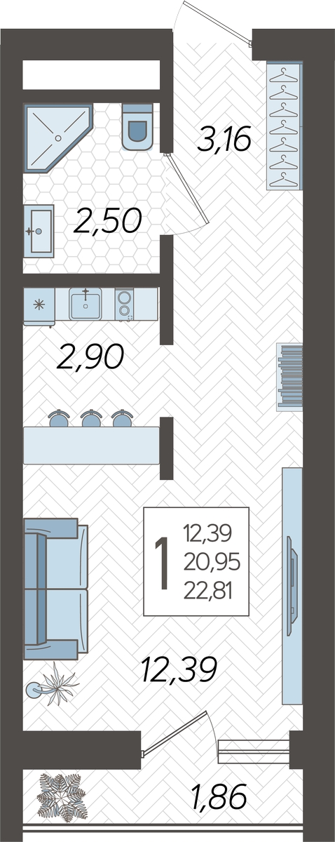 2-комнатная квартира с отделкой в ЖК Квартал Метроном на 13 этаже в 11 секции. Сдача в 3 кв. 2026 г.