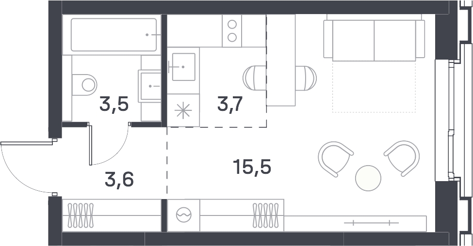 1-комнатная квартира (Студия) с отделкой в Квартал Депо на 5 этаже в 2 секции. Сдача в 4 кв. 2024 г.