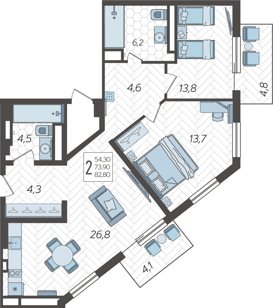 2-комнатная квартира в ЖК Кислород на 5 этаже в 1 секции. Дом сдан.