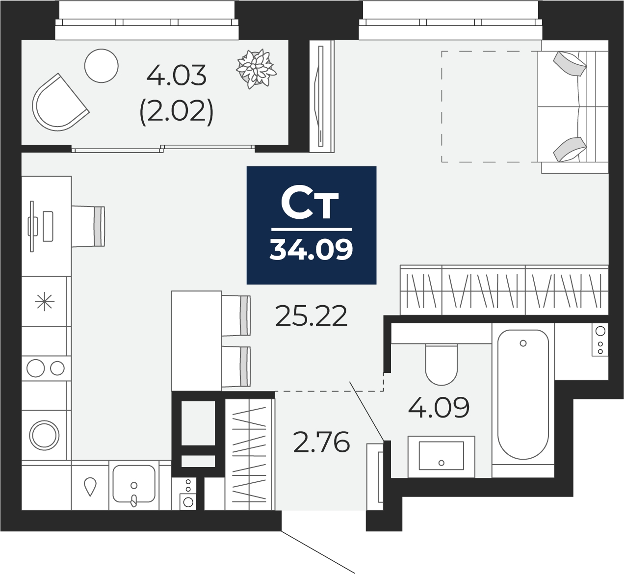 2-комнатная квартира в ЖК Кислород на 11 этаже в 1 секции. Сдача в 4 кв. 2025 г.