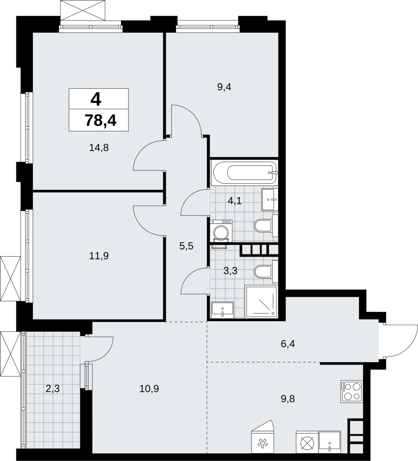 4-комнатная квартира в ЖК Скандинавия на 2 этаже в 1 секции. Сдача в 1 кв. 2026 г.