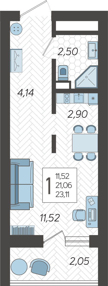 1-комнатная квартира (Студия) в ЖК Кислород на 4 этаже в 1 секции. Сдача в 2 кв. 2025 г.