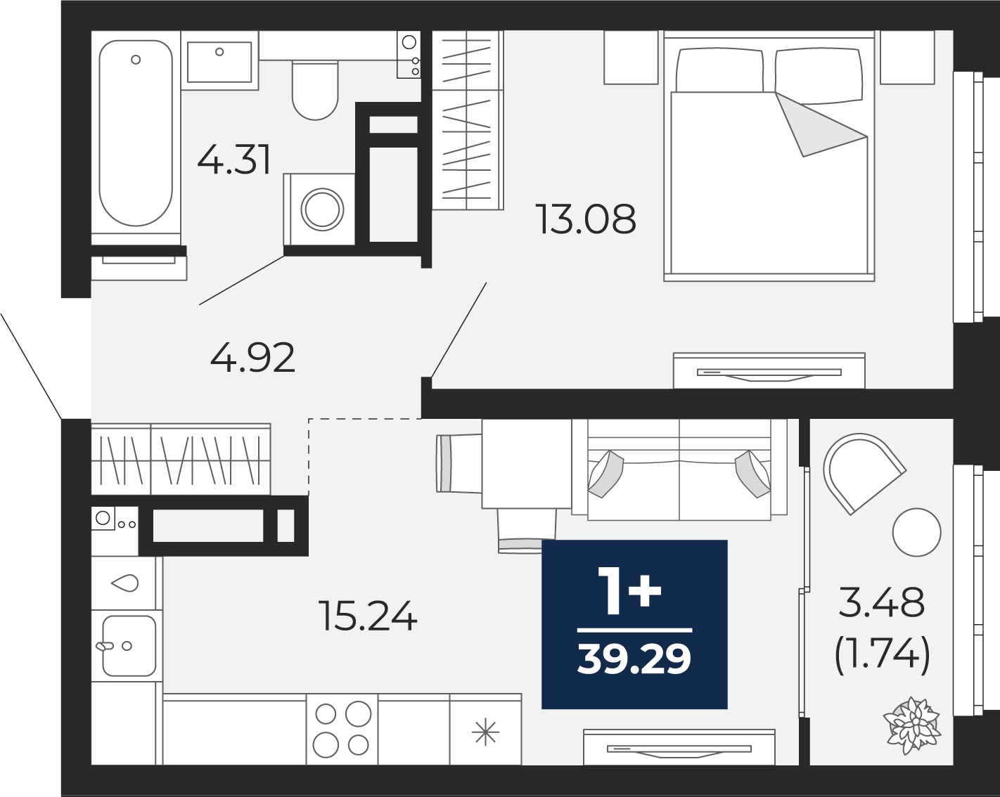 1-комнатная квартира в ЖК Кислород на 9 этаже в 1 секции. Сдача в 4 кв. 2024 г.