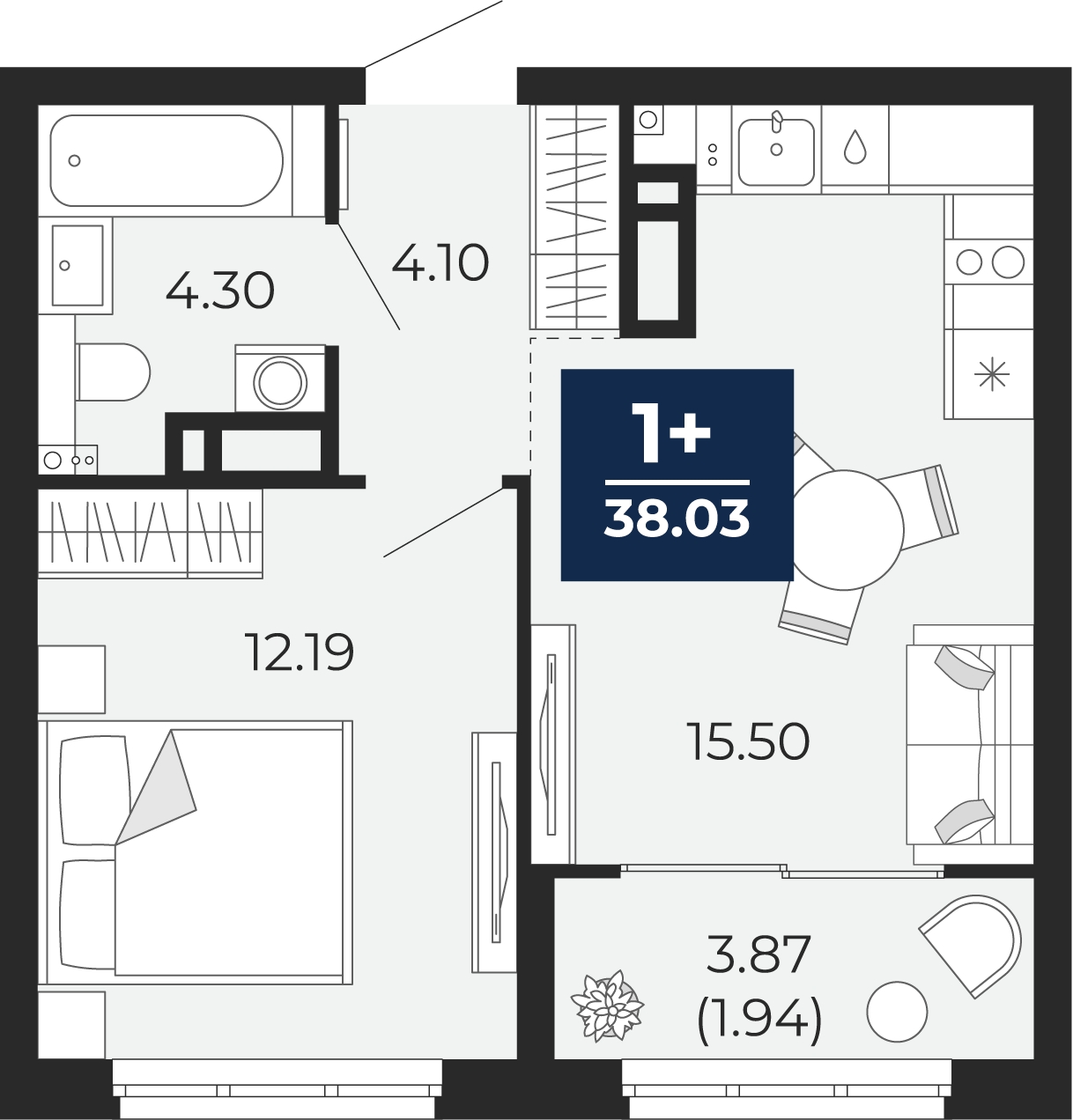 1-комнатная квартира (Студия) в ЖК Кислород на 12 этаже в 1 секции. Сдача в 4 кв. 2024 г.