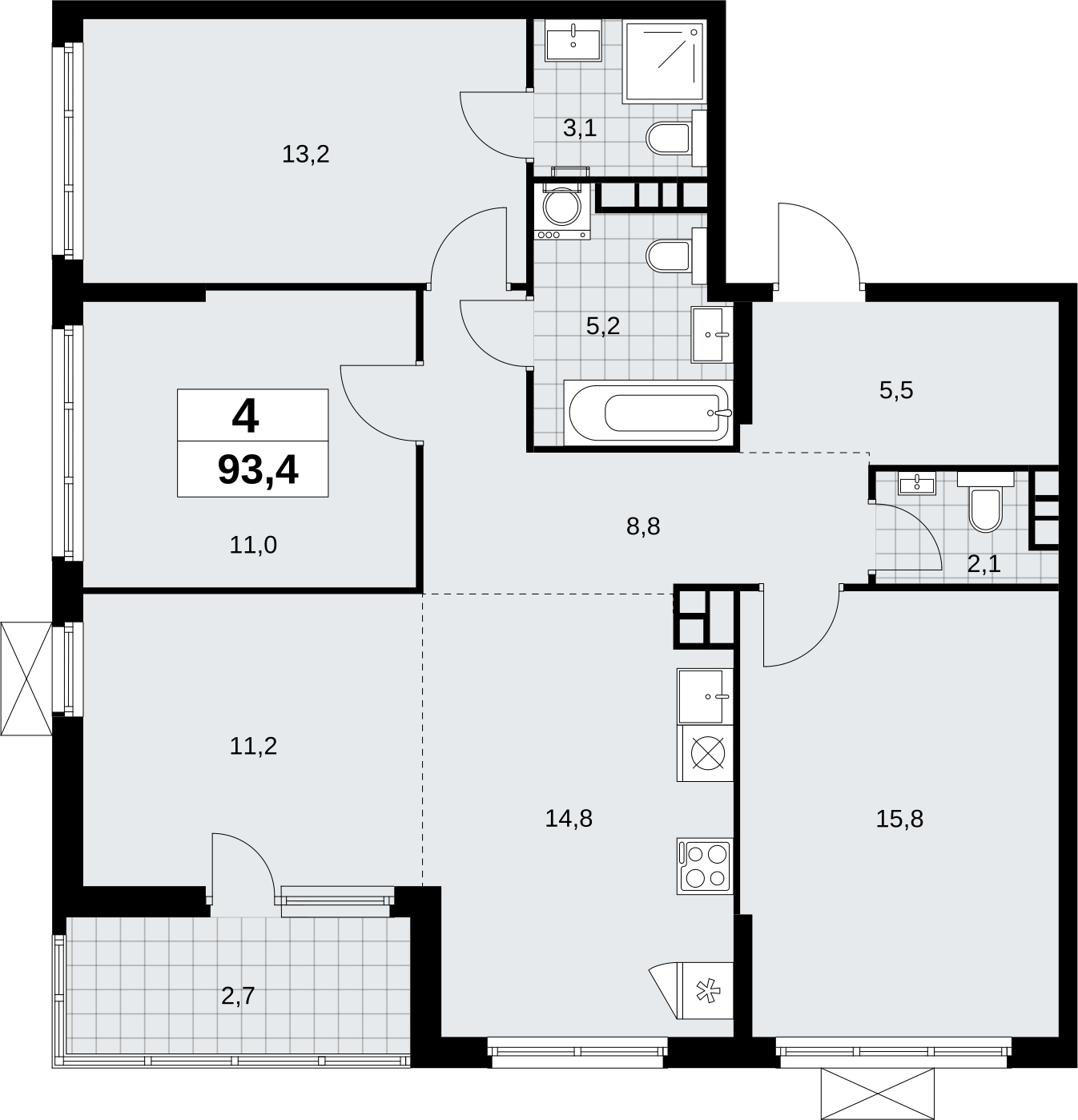 4-комнатная квартира в ЖК Скандинавия на 7 этаже в 1 секции. Сдача в 2 кв. 2026 г.