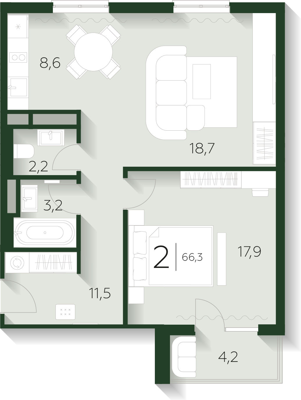 2-комнатная квартира с отделкой в ЖК Кислород на 6 этаже в 1 секции. Сдача в 4 кв. 2025 г.