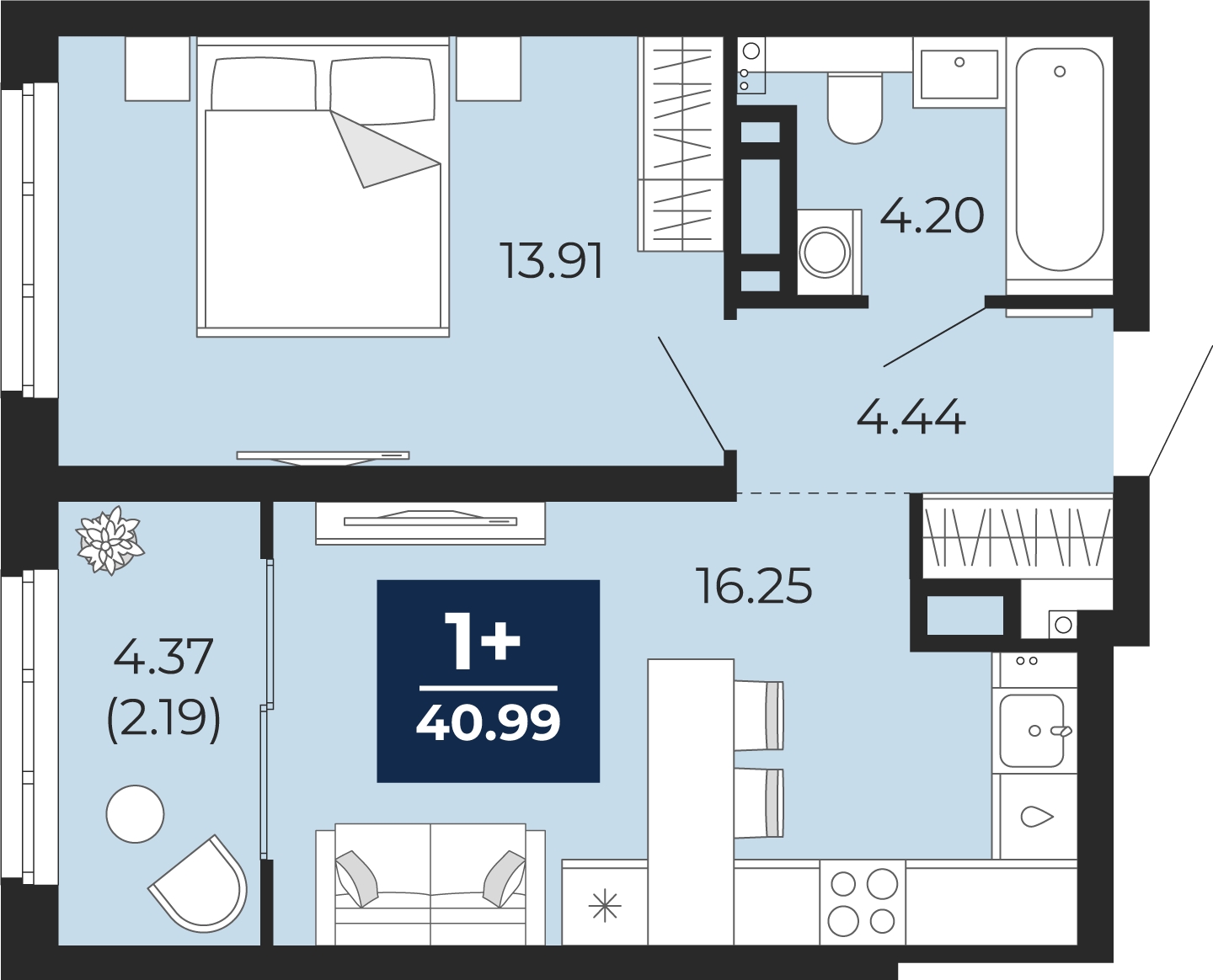 1-комнатная квартира (Студия) в ЖК Кислород на 19 этаже в 1 секции. Сдача в 2 кв. 2025 г.