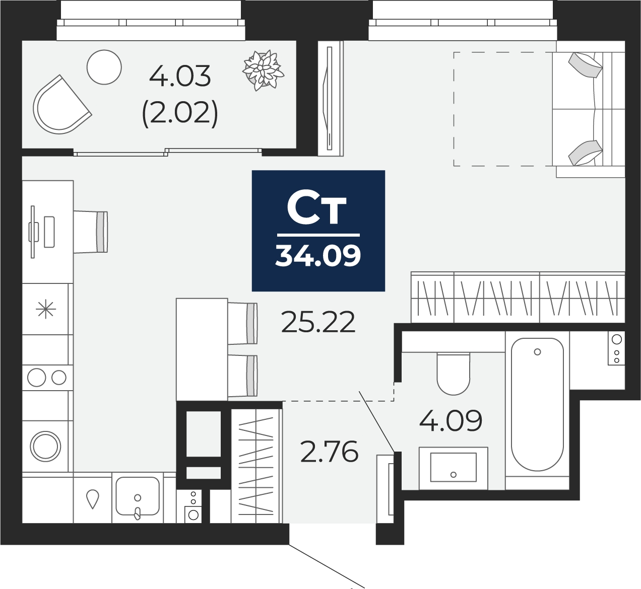 1-комнатная квартира в ЖК Кислород на 6 этаже в 1 секции. Сдача в 4 кв. 2025 г.