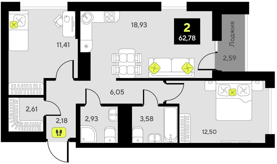 2-комнатная квартира с отделкой в ЖК Кислород на 4 этаже в 1 секции. Сдача в 2 кв. 2025 г.