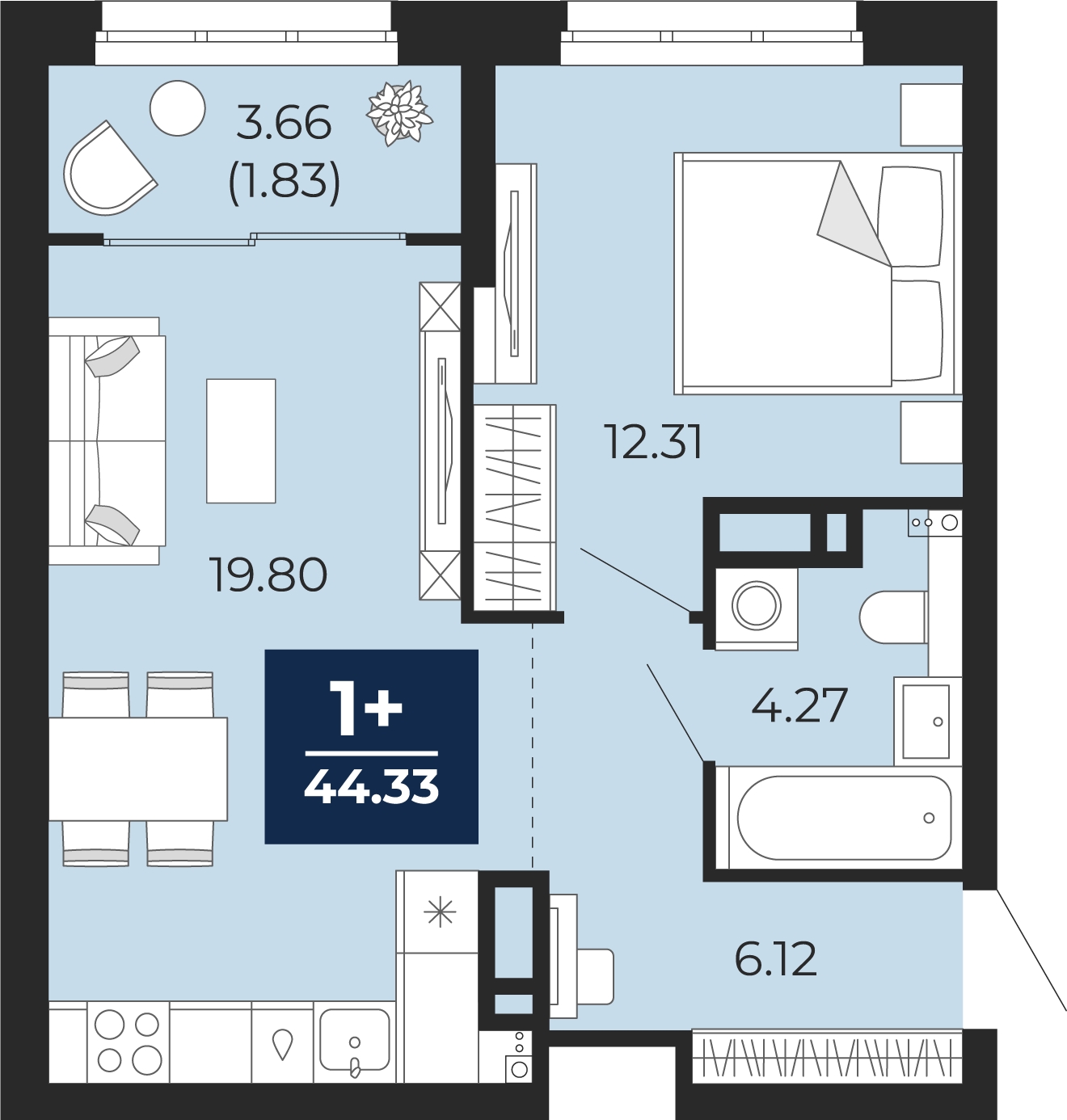 1-комнатная квартира (Студия) с отделкой в ЖК Горный квартал на 6 этаже в 1 секции. Сдача в 3 кв. 2026 г.