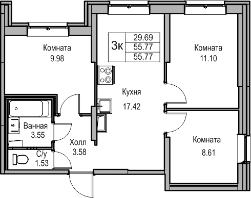 1-комнатная квартира (Студия) с отделкой в ЖК Квартал Метроном на 7 этаже в 11 секции. Сдача в 3 кв. 2026 г.