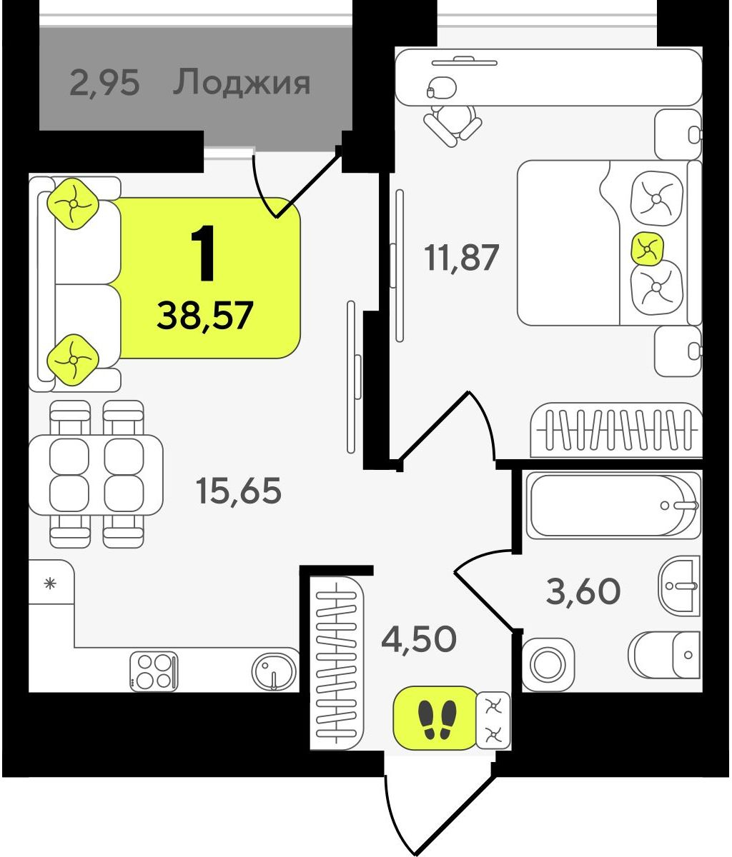 1-комнатная квартира (Студия) с отделкой в ЖК Горный квартал на 8 этаже в 1 секции. Сдача в 3 кв. 2026 г.