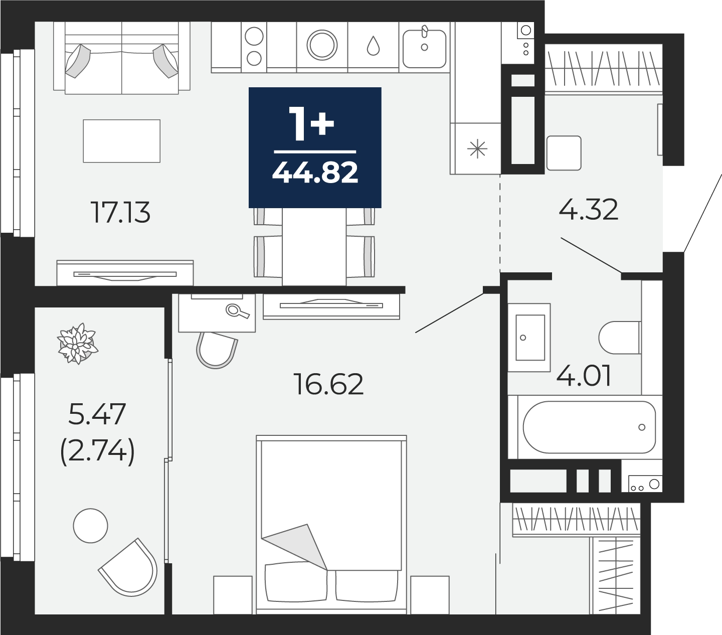 2-комнатная квартира в ЖК Кислород на 12 этаже в 1 секции. Сдача в 4 кв. 2025 г.