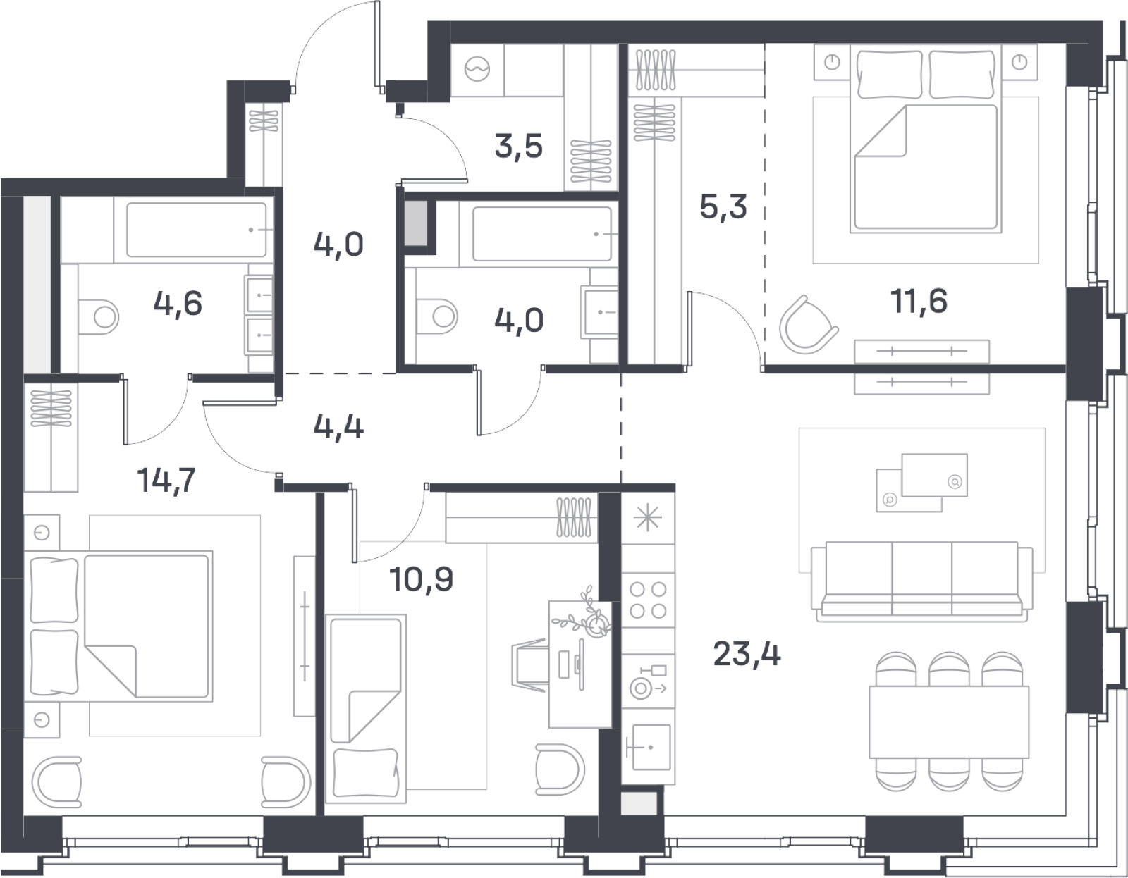 2-комнатная квартира с отделкой в ЖК Квартал Метроном на 11 этаже в 5 секции. Сдача в 3 кв. 2026 г.