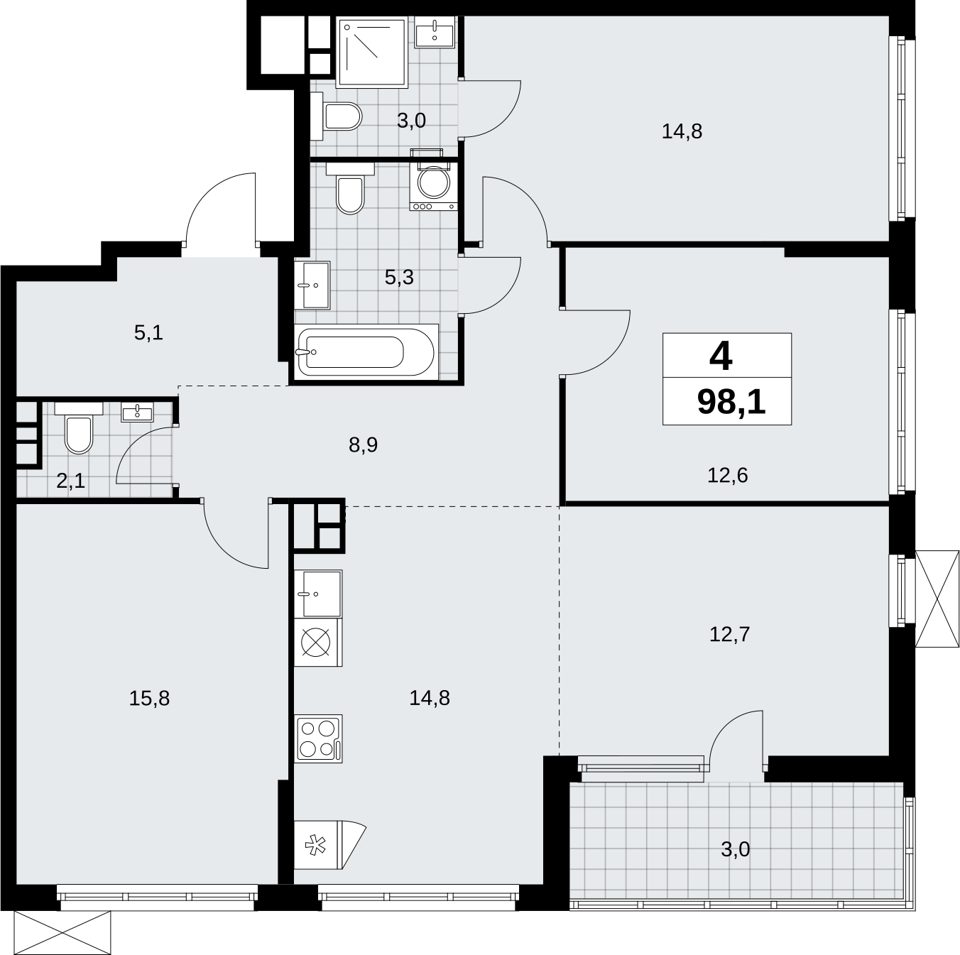 4-комнатная квартира в ЖК Скандинавия на 14 этаже в 1 секции. Сдача в 2 кв. 2026 г.