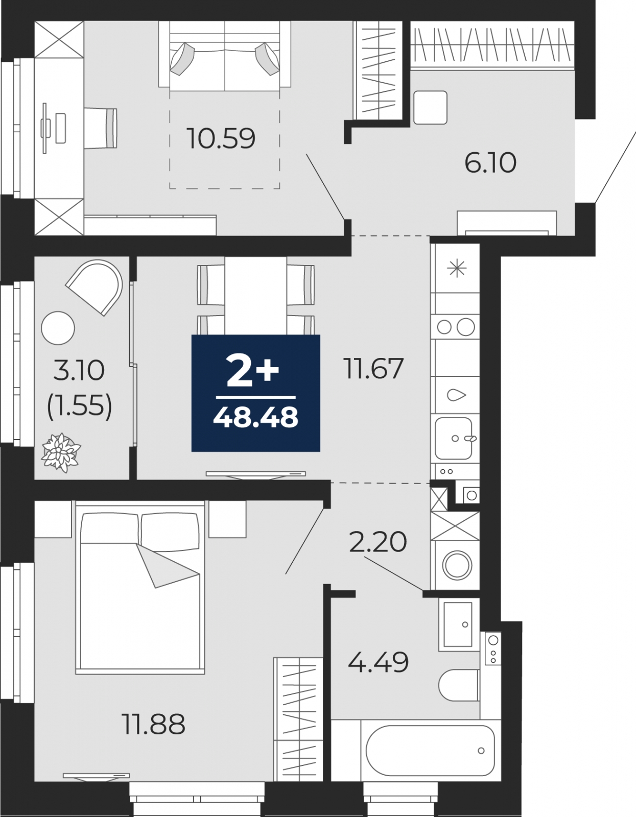 1-комнатная квартира (Студия) с отделкой в ЖК Горный квартал на 13 этаже в 1 секции. Сдача в 3 кв. 2026 г.
