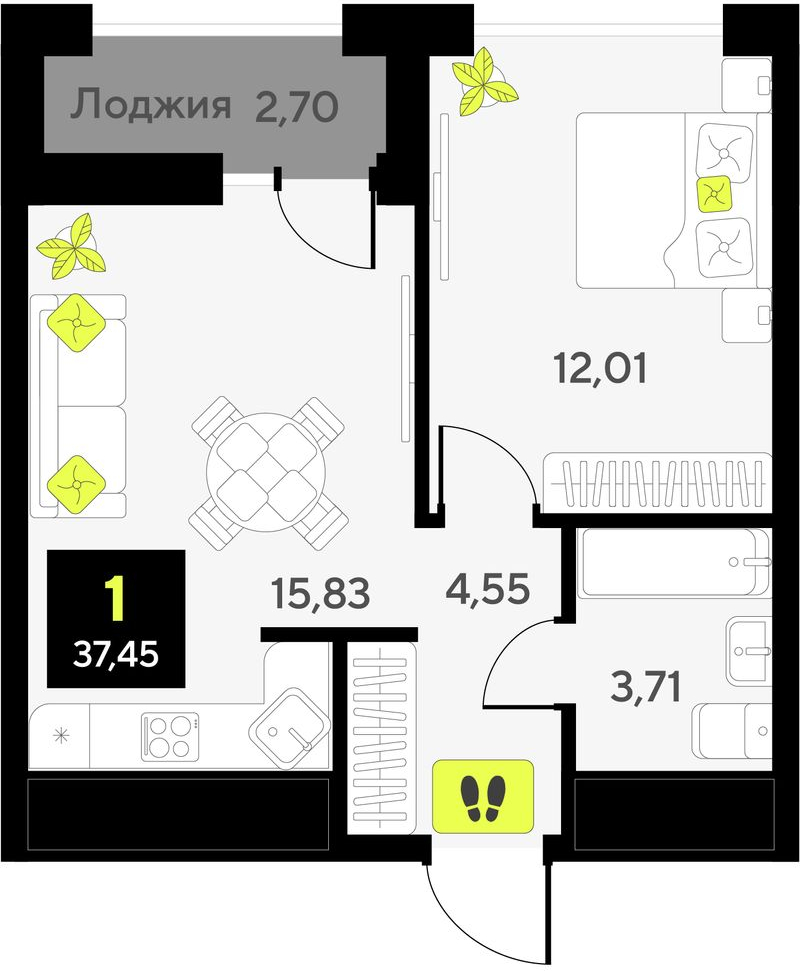 1-комнатная квартира (Студия) с отделкой в ЖК Горный квартал на 14 этаже в 1 секции. Сдача в 3 кв. 2026 г.