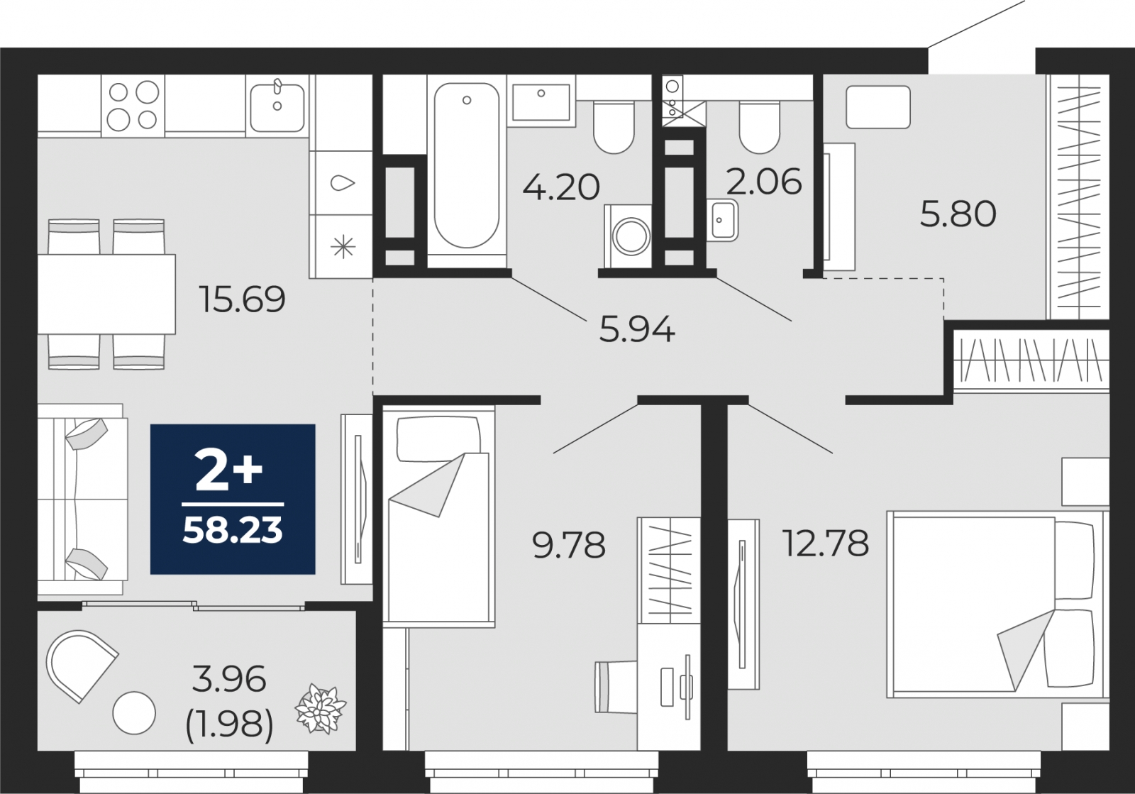 2-комнатная квартира с отделкой в ЖК Кислород на 12 этаже в 1 секции. Сдача в 2 кв. 2025 г.