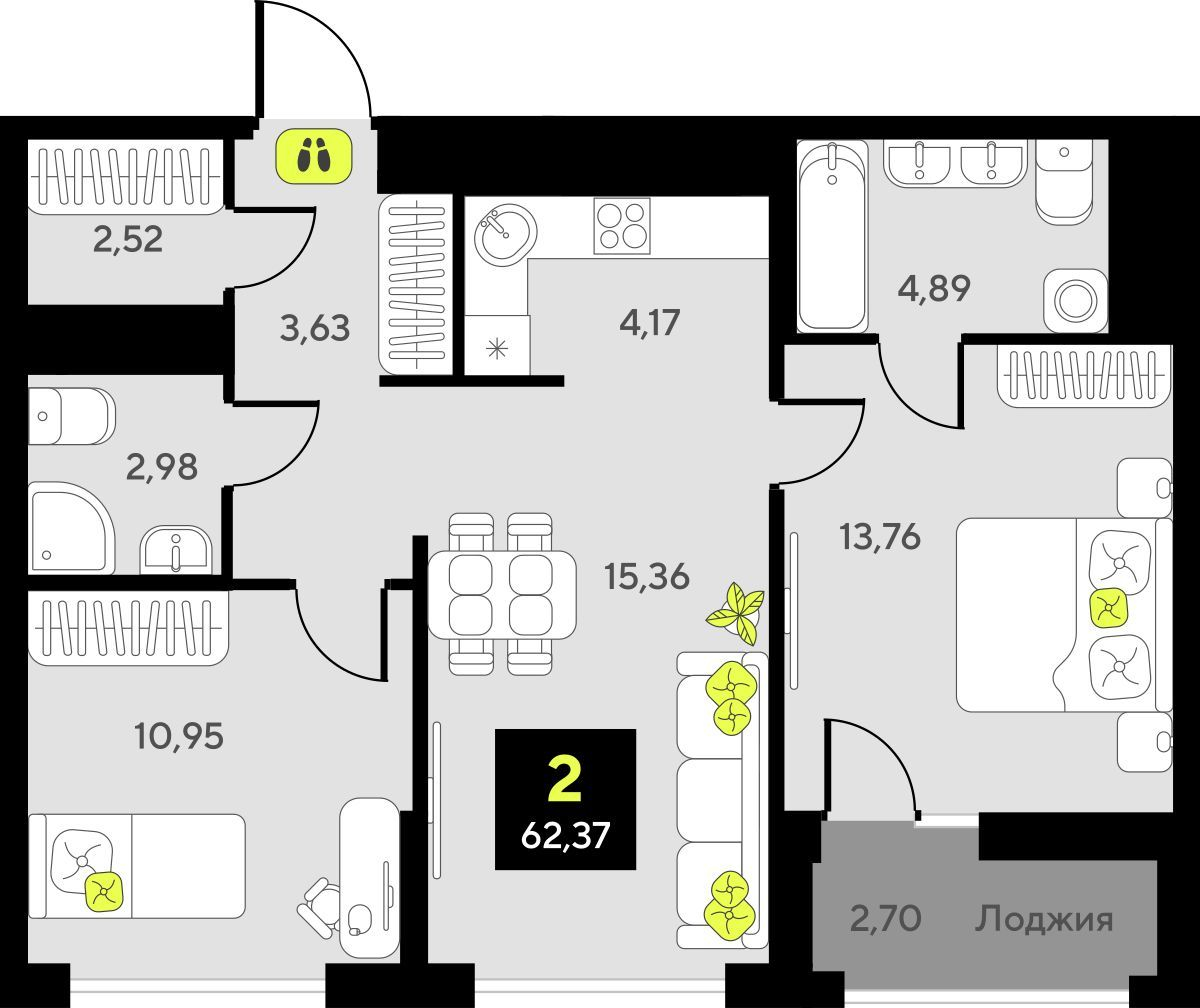 2-комнатная квартира с отделкой в ЖК Мотивы на 3 этаже в 1 секции. Сдача в 2 кв. 2025 г.