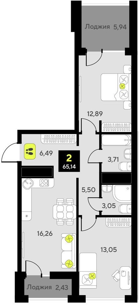 2-комнатная квартира с отделкой в ЖК Мотивы на 5 этаже в 1 секции. Сдача в 2 кв. 2026 г.