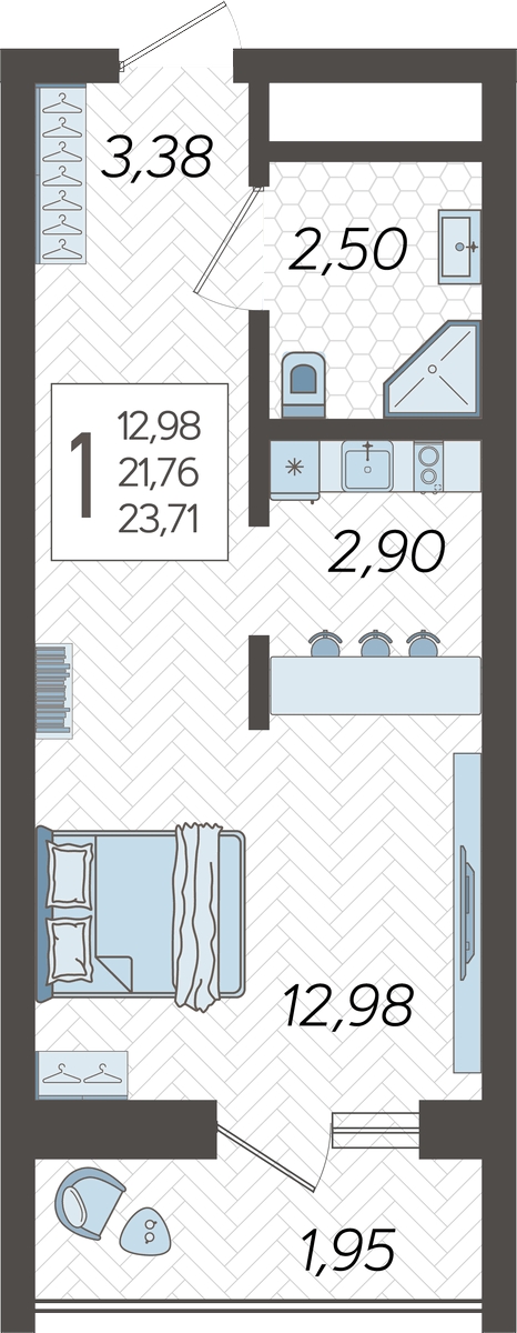 1-комнатная квартира (Студия) с отделкой в ЖК Горный квартал на 2 этаже в 1 секции. Сдача в 3 кв. 2026 г.