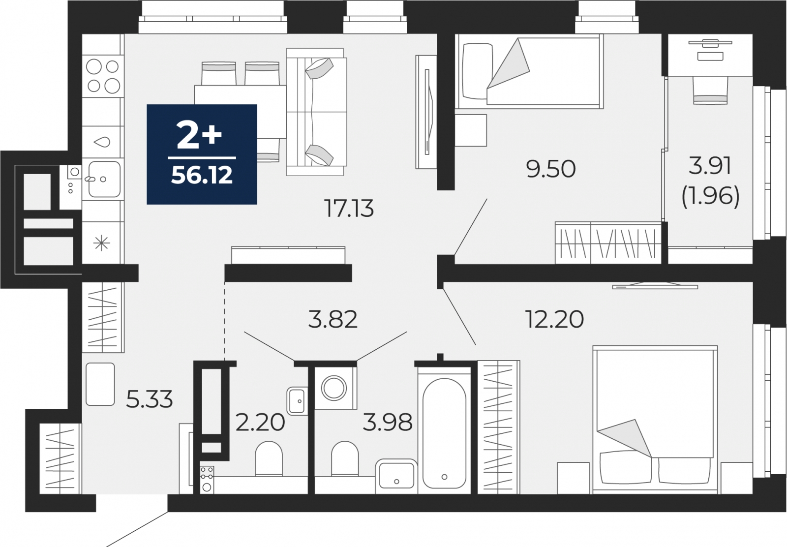 1-комнатная квартира в ЖК Беринг на 9 этаже в 3 секции. Сдача в 4 кв. 2025 г.